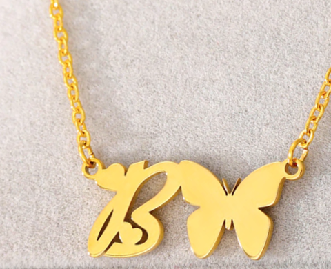 letter b necklace with butterfly pendant