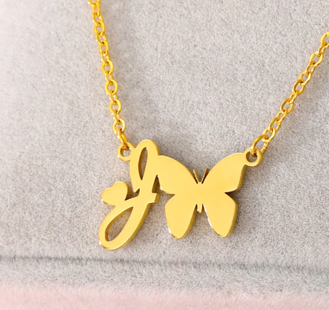 letter j necklace pendant with butterfly