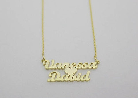 gold two names heart necklace