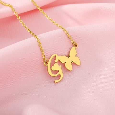 letter g alphabet necklace with butterfly