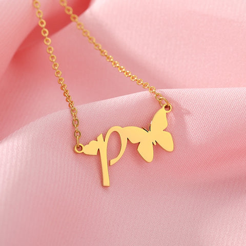 initial p necklace with butterfly