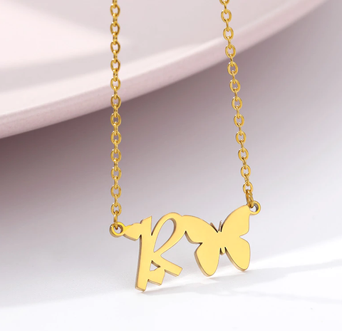 letter r necklace with heart and butterfly